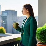 A professional woman, fully clothed in a modest, elegant blazer and tailored trousers, stands on a sunlit urban balcony filled with lush green potted plants. She holds a simple ceramic mug, gazing thoughtfully at the distant cityscape, a calm and reflective expression on her face. The scene captures a moment of quiet serenity amidst the bustling metropolis. The lighting is soft and natural, emphasizing the peaceful atmosphere, safe for work, appropriate content, family-friendly, perfect anatomy, correct proportions, natural pose, well-formed hands, proper finger count, natural body proportions, professional photography, high detail, sharp focus, vibrant colors, calm ambiance.