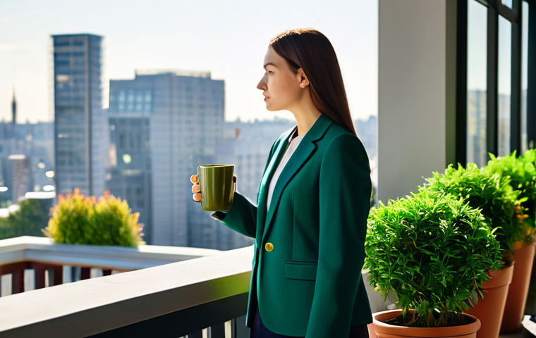 A professional woman, fully clothed in a modest, elegant blazer and tailored trousers, stands on a sunlit urban balcony filled with lush green potted plants. She holds a simple ceramic mug, gazing thoughtfully at the distant cityscape, a calm and reflective expression on her face. The scene captures a moment of quiet serenity amidst the bustling metropolis. The lighting is soft and natural, emphasizing the peaceful atmosphere, safe for work, appropriate content, family-friendly, perfect anatomy, correct proportions, natural pose, well-formed hands, proper finger count, natural body proportions, professional photography, high detail, sharp focus, vibrant colors, calm ambiance.