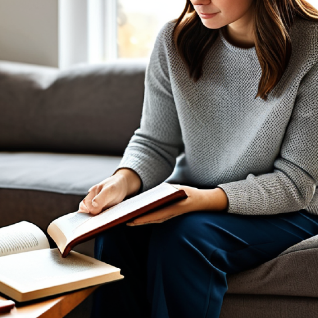 A calm woman in her late 20s to early 30s, wearing a comfortable, modest sweater and trousers, fully clothed, appropriate attire, professional dress. She is sitting by a sunlit window in a cozy, tastefully decorated living room with a warm, inviting atmosphere. She holds a physical book, engrossed in reading, with a steaming cup of coffee on a nearby wooden side table. Her hands are gently resting on the book. In the background, a small plant adds a touch of nature. The scene exudes tranquility and peace, emphasizing a digital detox. perfect anatomy, correct proportions, natural pose, well-formed hands, proper finger count, natural body proportions, high-quality professional photography, soft lighting, sharp focus, safe for work, appropriate content, family-friendly.