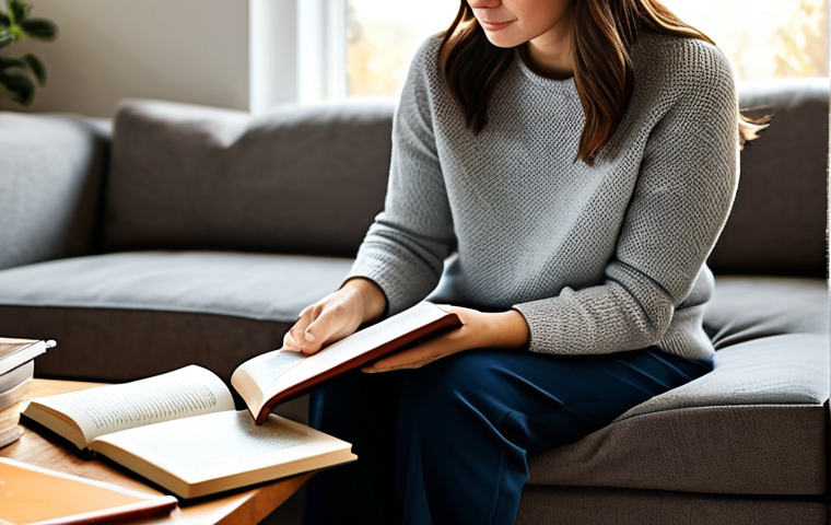A calm woman in her late 20s to early 30s, wearing a comfortable, modest sweater and trousers, fully clothed, appropriate attire, professional dress. She is sitting by a sunlit window in a cozy, tastefully decorated living room with a warm, inviting atmosphere. She holds a physical book, engrossed in reading, with a steaming cup of coffee on a nearby wooden side table. Her hands are gently resting on the book. In the background, a small plant adds a touch of nature. The scene exudes tranquility and peace, emphasizing a digital detox. perfect anatomy, correct proportions, natural pose, well-formed hands, proper finger count, natural body proportions, high-quality professional photography, soft lighting, sharp focus, safe for work, appropriate content, family-friendly.