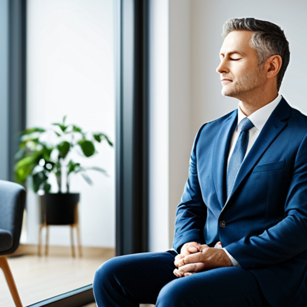 Mindful Leader**

"A professional leader, fully clothed in appropriate business attire, sitting calmly in a modern office. They are practicing mindfulness with eyes closed, hands resting gently on their lap. The background features soft, natural light and a serene workspace. Safe for work, appropriate content, perfect anatomy, natural proportions, professional, modest, family-friendly."

**