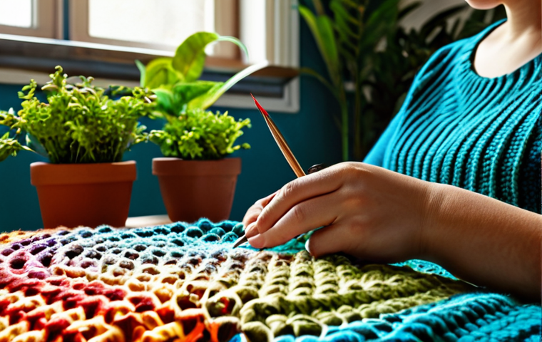 **Image Prompt:** A woman with crochet needles, working on a colorful blanket in a sunlit living room. The scene is warm and inviting, with plants and comfortable furniture in the background. *safe for work*, *appropriate content*, *fully clothed*, *modest clothing*, *family-friendly*, perfect anatomy, correct proportions, natural pose, well-formed hands, proper finger count, natural body proportions, professional photography, high quality.