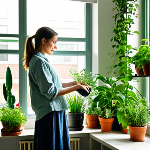 Home 19 Indoor Garden Oasis**
"A bright, airy apartment interior featuring a lush indoor garden with various potted plants and herbs, sunlight streaming through large windows, woman watering plants, fully clothed in casual, comfortable attire, safe for work, appropriate content, professional, perfect anatomy, natural proportions, well-formed hands, proper finger count, natural body proportions, focus on natural light and greenery, family-friendly."
**