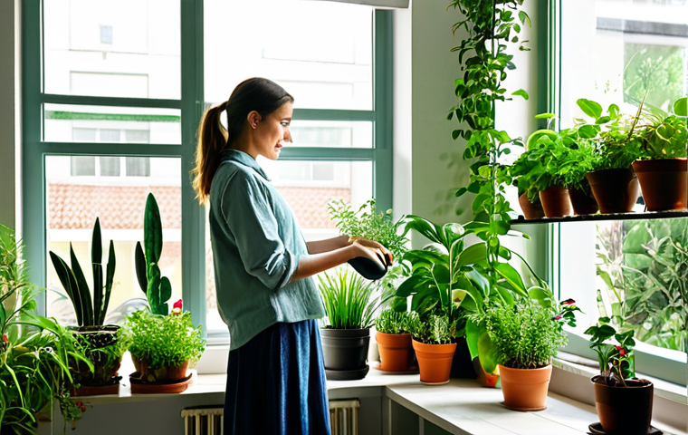 Indoor Garden Oasis**

"A bright, airy apartment interior featuring a lush indoor garden with various potted plants and herbs, sunlight streaming through large windows, woman watering plants, fully clothed in casual, comfortable attire, safe for work, appropriate content, professional, perfect anatomy, natural proportions, well-formed hands, proper finger count, natural body proportions, focus on natural light and greenery, family-friendly."

**