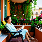Home 6 느린 생활을 위한 도시 정원 가꾸기 - Balcony Oasis**
"A cozy balcony garden in Madrid, Spain. Lush green plants in terracotta pots, colo...