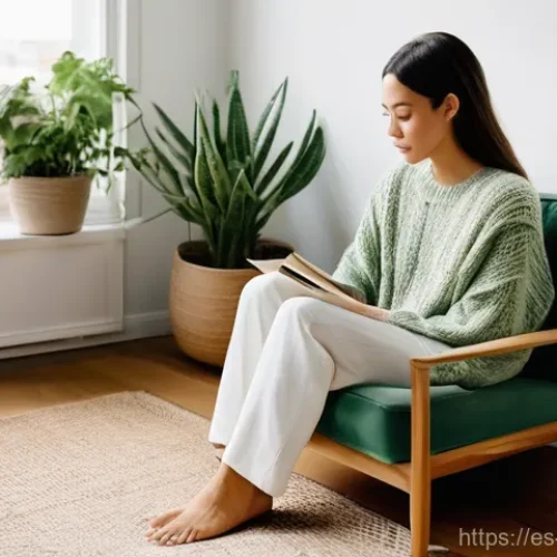 Home 16 도시 속 느린 생활을 위한 작은 변화 - **Urban Sanctuary and Mindful Moment:**
A young adult, a woman in her late 20s, is seated comfor...