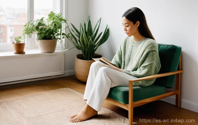 도시 속 느린 생활을 위한 작은 변화 - **Urban Sanctuary and Mindful Moment:**
    A young adult, a woman in her late 20s, is seated comfor...