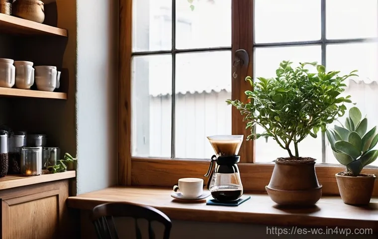 도시의 느린 커피 문화 탐방 - **Prompt:** A detailed, elevated shot showcasing the precise art of slow coffee preparation. The foc...
