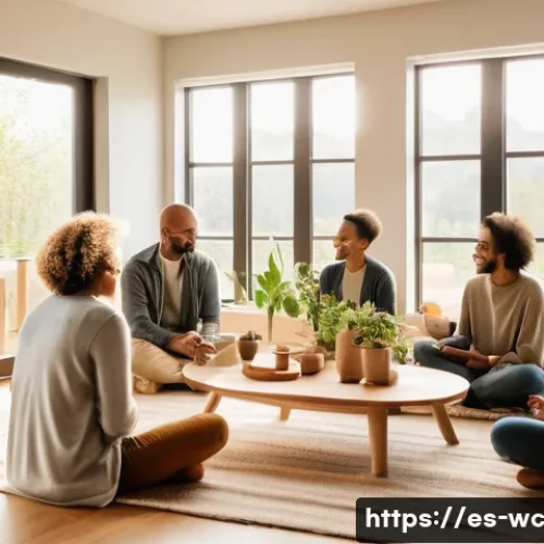 느린 생활 실천을 위한 커뮤니티 만들기 - A warm, inviting community gathering in a cozy, sunlit room decorated with natural wood and plants, ...