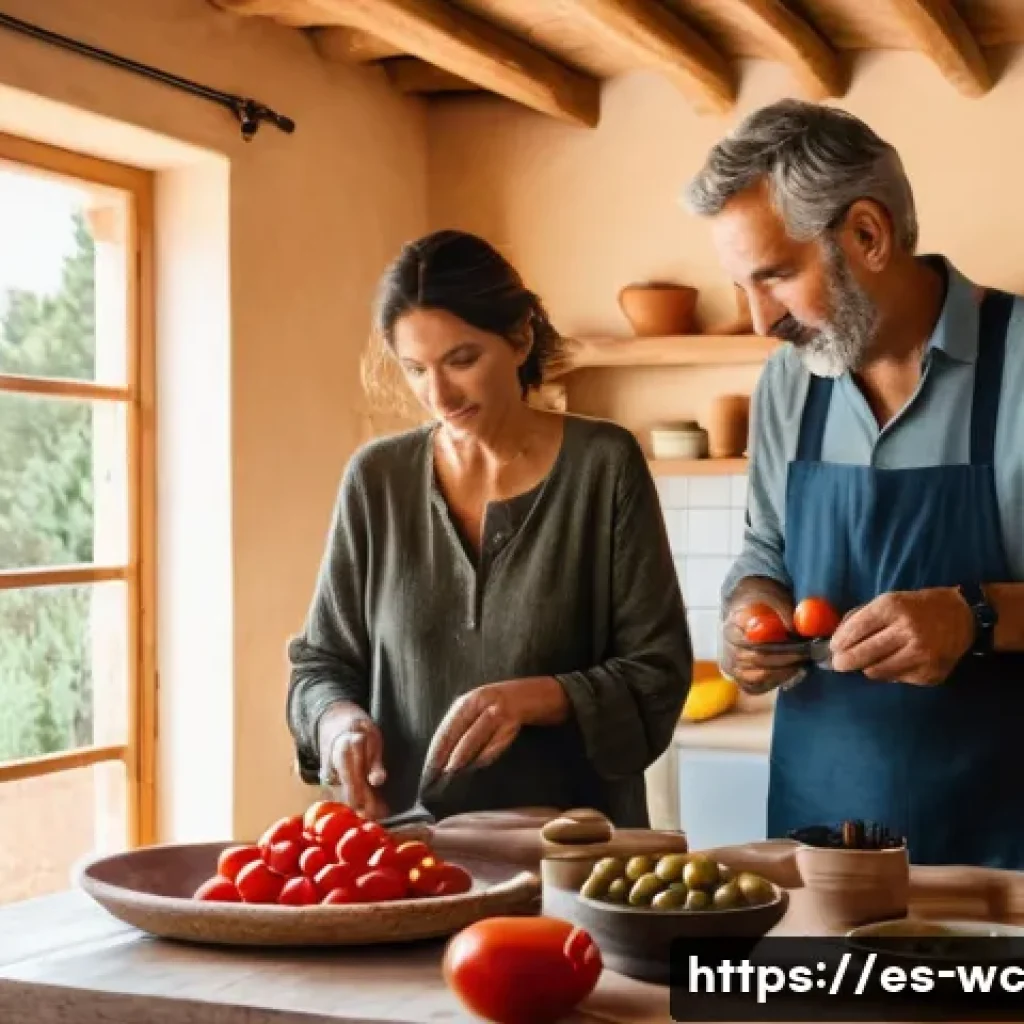 느린 생활 철학의 현대적 적용 - A serene early morning scene in a Spanish village, showing a middle-aged man and woman calmly prepar...
