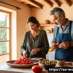 느린 생활 철학의 현대적 적용 - A serene early morning scene in a Spanish village, showing a middle-aged man and woman calmly prepar...