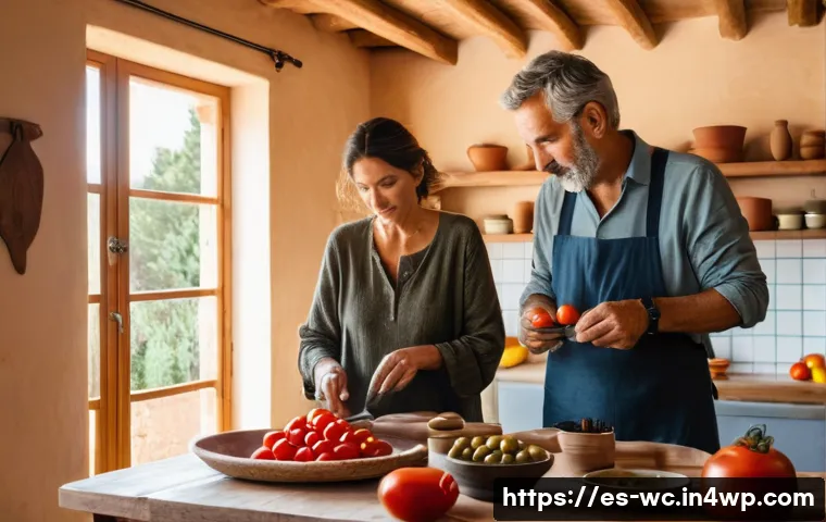 느린 생활 철학의 현대적 적용 - A serene early morning scene in a Spanish village, showing a middle-aged man and woman calmly prepar...