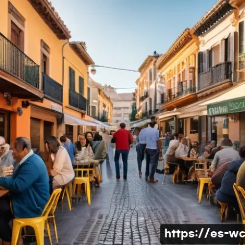 도시에서 느린 생활과 인간관계 탐구 - A vibrant urban street scene in a Spanish neighborhood during golden hour, featuring diverse people ...