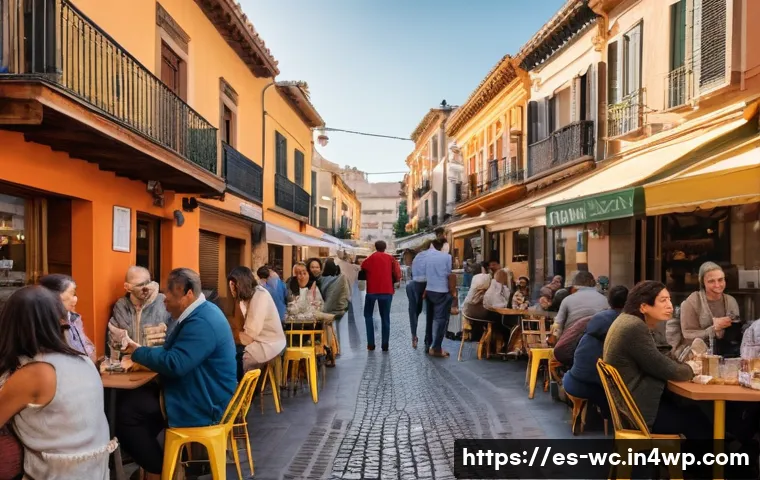 도시에서 느린 생활과 인간관계 탐구 - A vibrant urban street scene in a Spanish neighborhood during golden hour, featuring diverse people ...