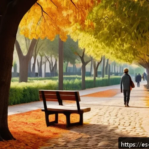 느린 생활 철학의 국제적 사례 - A serene urban park scene in Spain during early autumn, featuring a diverse group of people of vario...