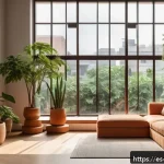 느린 생활 철학의 정신적 이점 - A serene urban home corner designed as a personal calm retreat, featuring warm, dim lighting and abu...