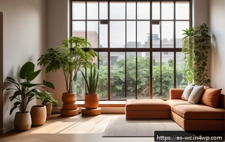 느린 생활 철학의 정신적 이점 - A serene urban home corner designed as a personal calm retreat, featuring warm, dim lighting and abu...