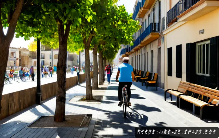 도시에서 느린 라이프스타일의 미래 전망 - Photorealistic wide-angle view of a calm future urban neighborhood in a Spanish-speaking city, leafy...
