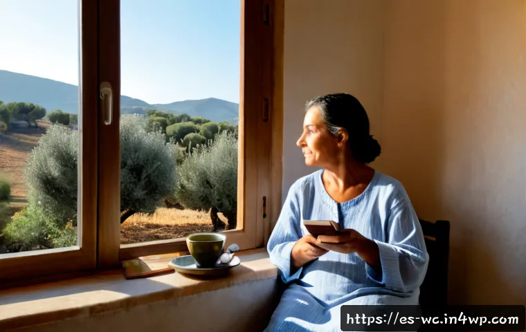 느린 생활 철학과 인생의 질 - Photorealistic slow-living morning in a sunlit Spanish countryside home, a relaxed middle-aged woman...