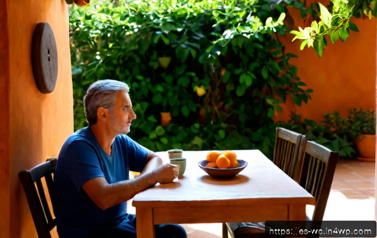Home 15 느린 생활을 위한 대화법 - Photorealistic slow-living conversation in a sunlit Spanish courtyard, two middle-aged friends seate...