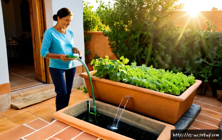 Home 15 느린 생활 철학과 혁신적인 해결책 - Photorealistic sunlit Spanish courtyard home, a relaxed middle-aged woman tending herbs beside a com...