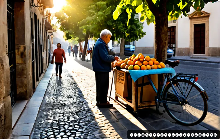 도시에서의 느린 경제 활동 - Photorealistic street-level view of a calm Spanish-speaking city neighborhood at golden morning ligh...